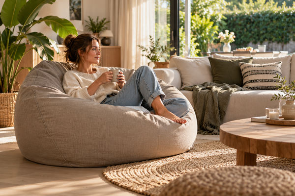 Comfortabele zitzak in een lichte woonkamer met rustige kleuren en groene planten