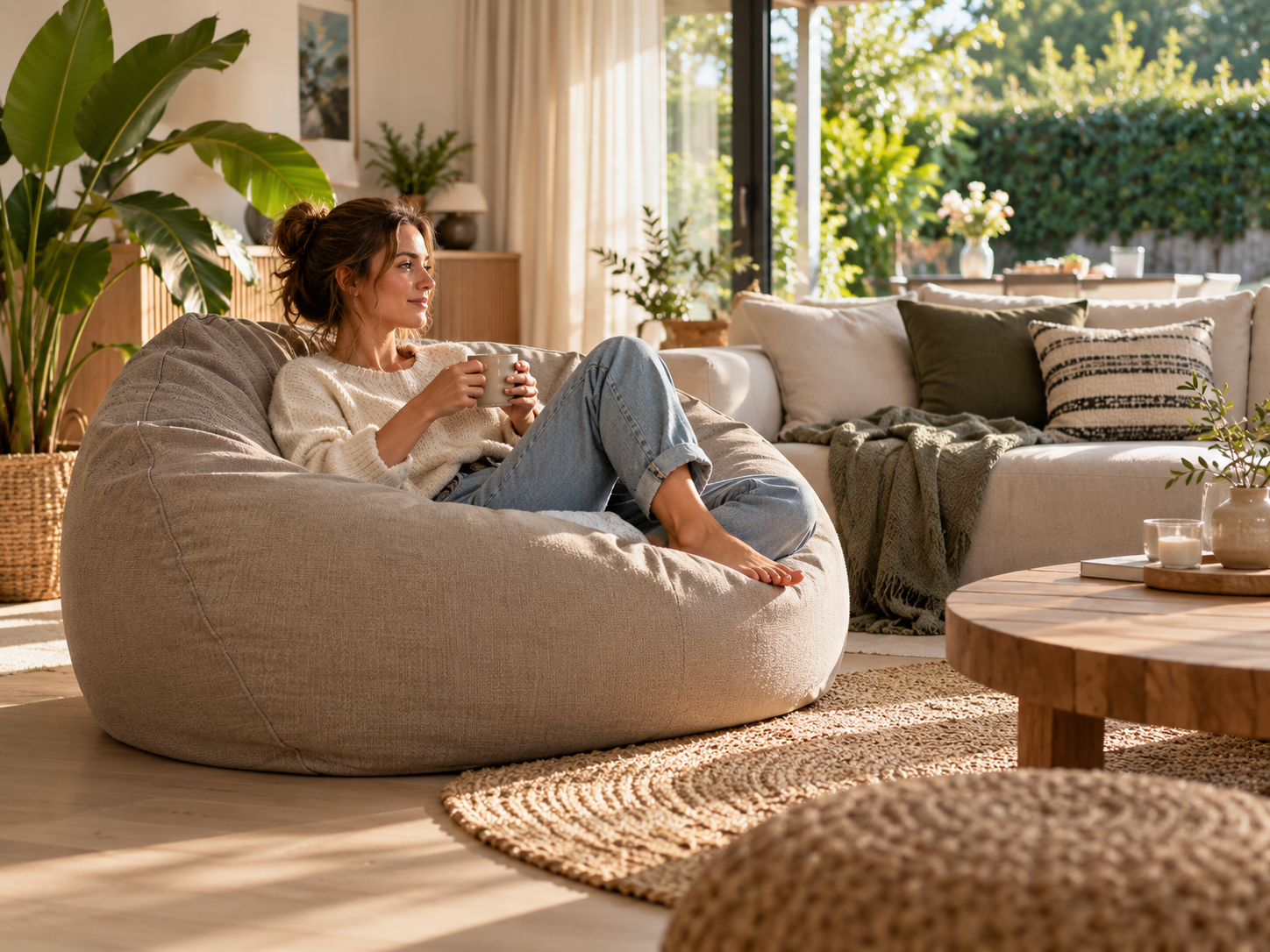 Comfortabele zitzak in een lichte woonkamer met rustige kleuren en groene planten